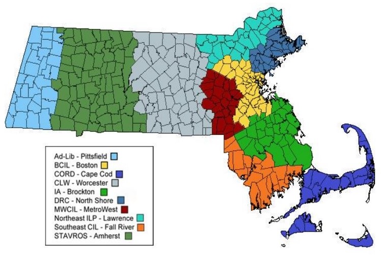Map of Massachusetts Centers for Independent Living Service Areas